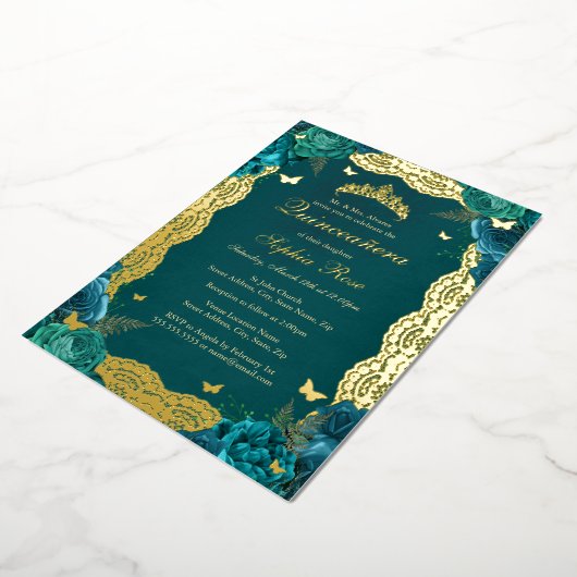 Goud Blauwgroen Roos Kant Quinceanera Verjaardag Folie Uitnodiging (Gedraaid)