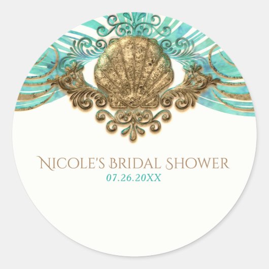 Goud & Blauwgroen Zee Shell Glam Beach Elegante gu Ronde Sticker (Voorkant)