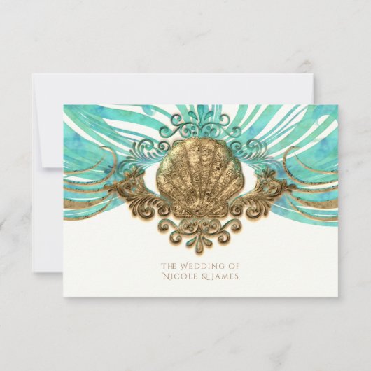 Goud & Blauwgroen Zee Shell Glam Beach Elegante RS RSVP Kaartje (Achterkant)