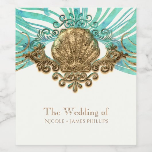 Goud & Blauwgroen Zee Shell Glam Beach Wijnlabels Wijn Etiket (Enkel label)