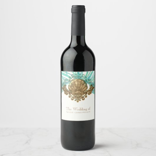 Goud & Blauwgroen Zee Shell Glam Beach Wijnlabels Wijn Etiket (Voorkant)