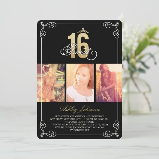 Goud Bloeiende Glam Sweet 16 Foto Verjaardagsfeest Kaart (Staand voorkant)