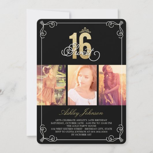 Goud Bloeiende Glam Sweet 16 Foto Verjaardagsfeest Kaart (Voorkant)