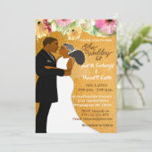 Goud Bloemen Afro-Amerikaans Huwelijkspaar Kaart (Staand voorkant)