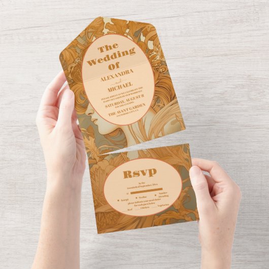 Goud Bloemen Art Nouveau Bruiloft All In One Uitnodiging (Afscheurbaar)