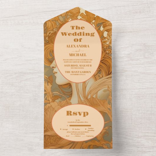 Goud Bloemen Art Nouveau Bruiloft All In One Uitnodiging (Binnen)