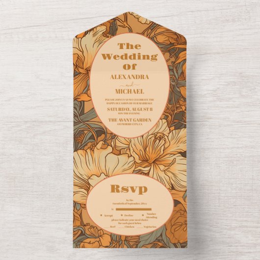 Goud Bloemen Art Nouveau Bruiloft All In One Uitnodiging (Binnen)