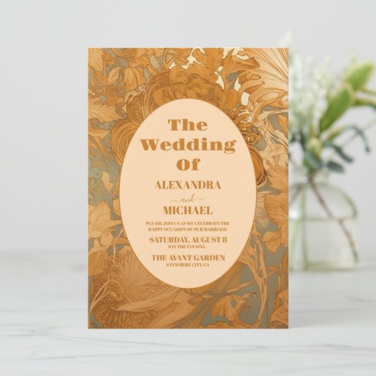 Goud Bloemen Art Nouveau Bruiloft Kaart (Staand voorkant)