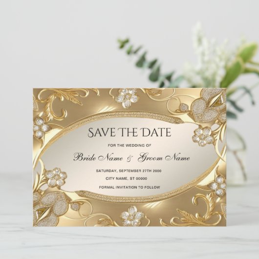 Goud  Bloemen Bewaar de datum Save The Date (Staand voorkant)