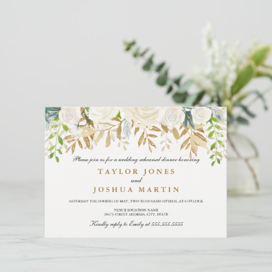 Goud Bloemen Blad Repetitie Diner Invite Kaart (Staand voorkant)