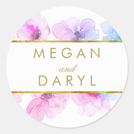 Goud Bloemen Blauw Paarse Elegante Bruiloft Ronde Sticker