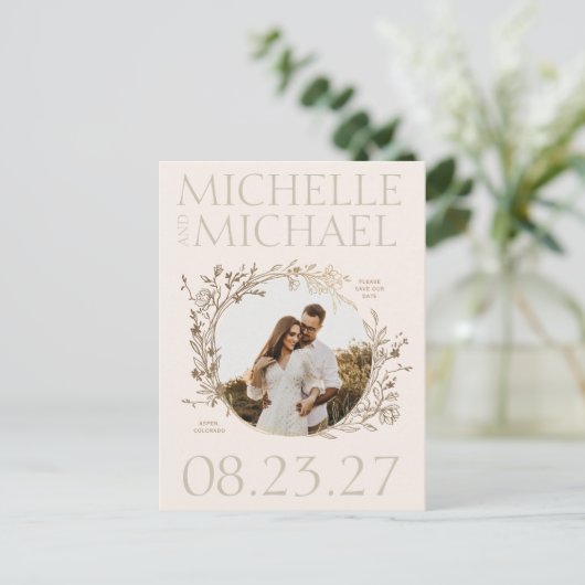 Goud Bloemen Border Foto Save The Date Briefkaart (Staand voorkant)
