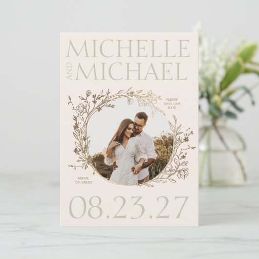 Goud Bloemen Border Foto Save The Date Kaart (Staand voorkant)