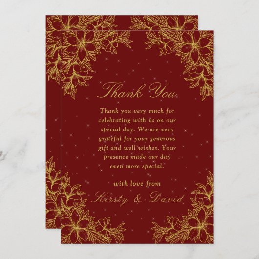 Goud  Bloemen Bruiloft Bedankkaart (Voorkant / Achterkant)