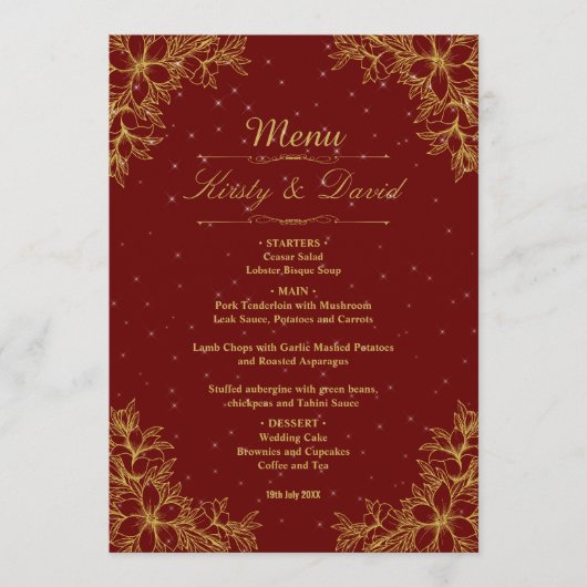 Goud  Bloemen Bruiloft Menu (Voorkant)