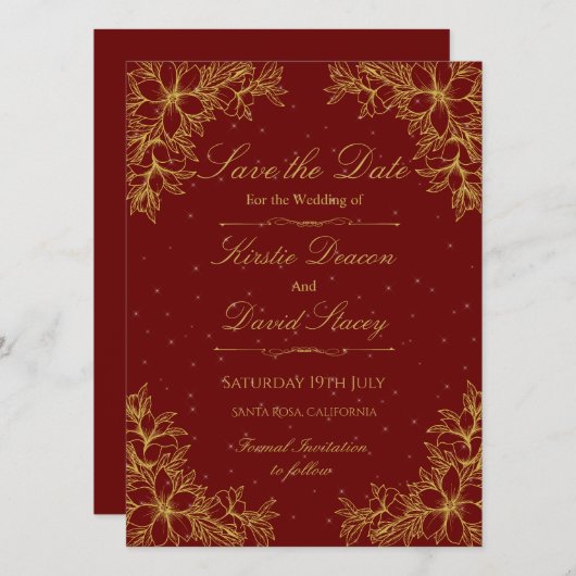 Goud Bloemen Bruiloft Uitnodiging (Voorkant / Achterkant)