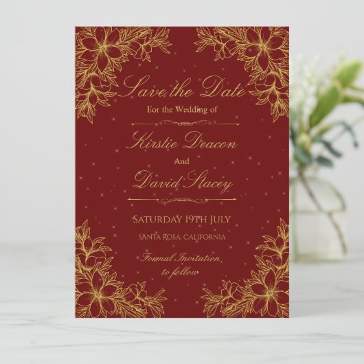 Goud  Bloemen Bruiloft Uitnodiging (Staand voorkant)