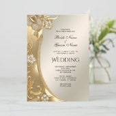 Goud  Bloemen Bruiloft Uitnodiging (Staand voorkant)