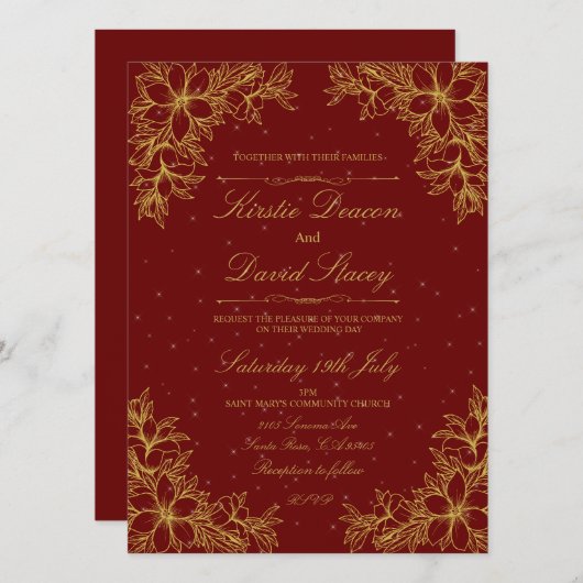 Goud  Bloemen Bruiloft Uitnodiging (Voorkant / Achterkant)