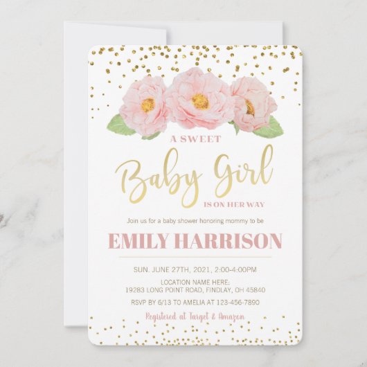Goud Bloemen Elegant Sweet Baby Meisje Douche Kaart (Voorkant)