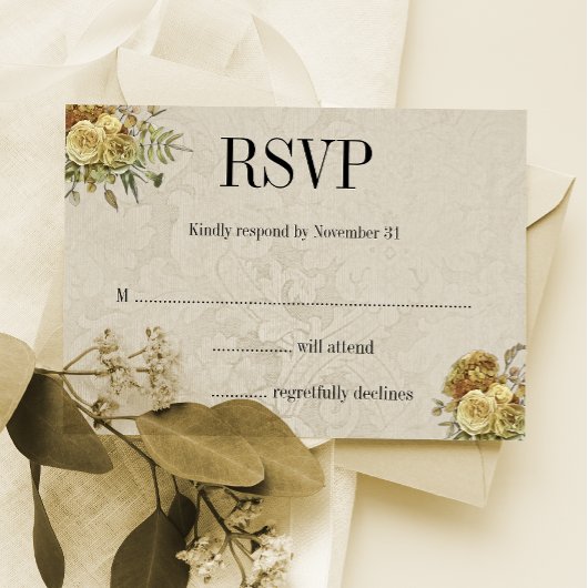 Goud Bloemen en Crème Damask Boho Bruiloft RSVP Kaartje