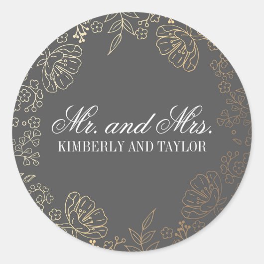 Goud Bloemen  Grijs Bruiloft Monogram Ronde Sticker (Voorkant)