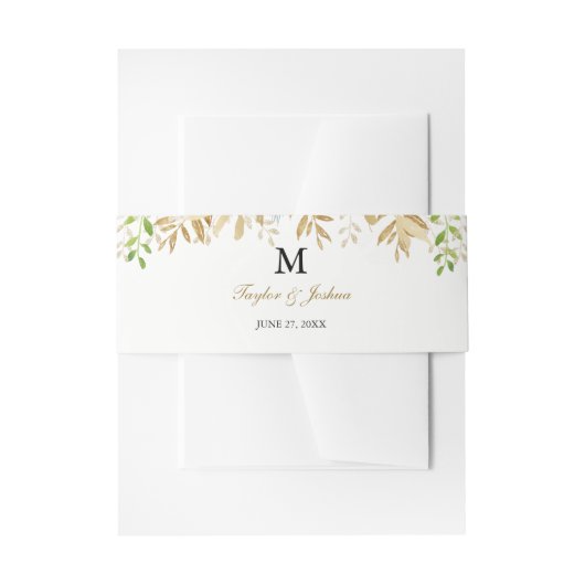 Goud Bloemen Leaf Waterverf Bruiloft Belly Band Uitnodigingen Wikkel (Voorkant Voorbeeld)