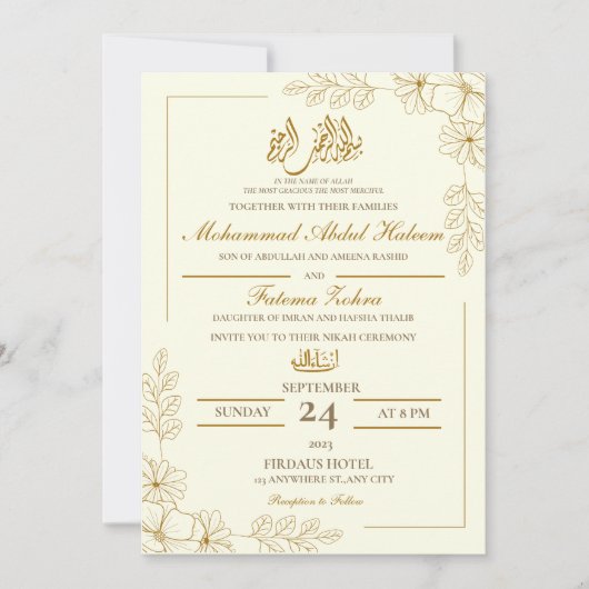 Goud Bloemen Lijst Elegant Witboek Modern Nikah Kaart (Voorkant)