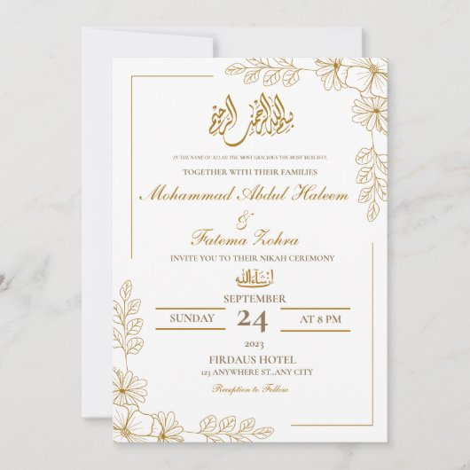 Goud Bloemen Lijst Elegant Witboek Modern Nikah Kaart (Voorkant)