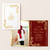 Goud Bloemen Maroon Foto Moslim Bruiloft Folie Kaarten (Display)