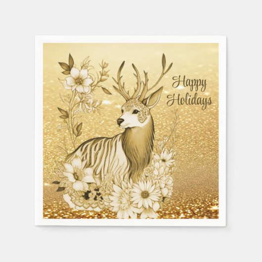 Goud Bloemen Rendier Papier Servet (Voorkant)