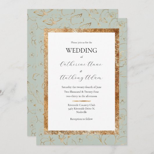 Goud Bloemen Sage Groen Modern Bruiloft Kaart (Voorkant / Achterkant)