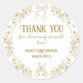 Goud Bloemen  Teddy Bear Baby shower Ronde Sticker (Voorkant)