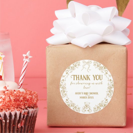 Goud Bloemen  Teddy Bear Baby shower Ronde Sticker (Feest)