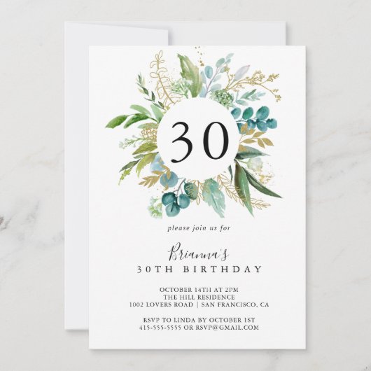 Goud Bloemen Tropisch groen 30e Verjaardagsfeest Kaart (Voorkant)