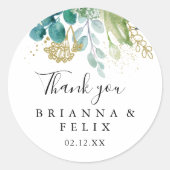 Goud Bloemen Tropisch Groen Dank u huwelijksgunst Ronde Sticker (Voorkant)
