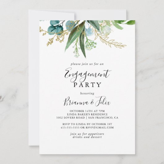 Goud Bloemen Tropisch Groen Verlovingsfeest Kaart (Voorkant)