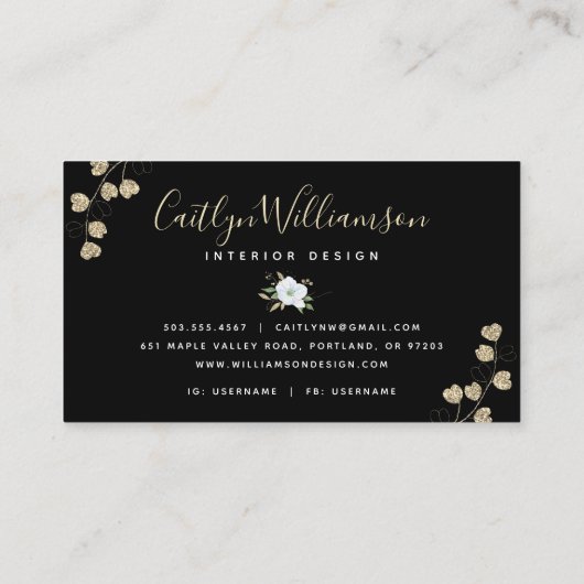 Goud Bloemen Waterverf Stijlvol Zwart Script Moder Visitekaartje (Achterkant)