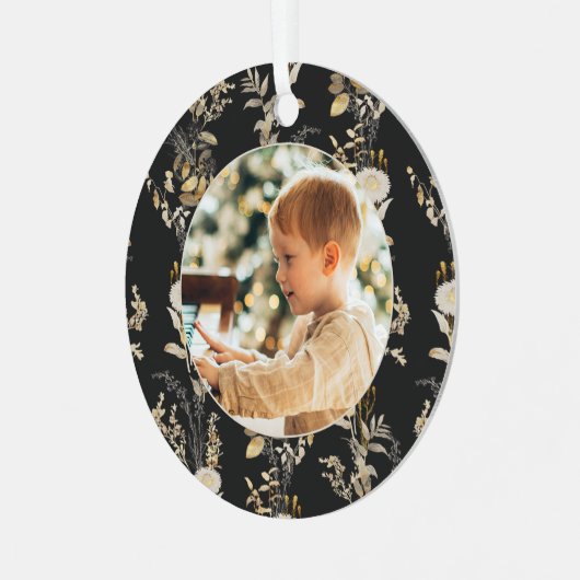  Goud Bloemen Zwart Foto Ornament (Voorkant links)