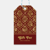 Goud bloemendamast patroon op donkerrood cadeaulabel (Voorkant)