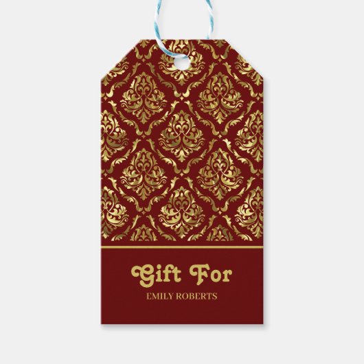 Goud bloemendamast patroon op donkerrood cadeaulabel (Voorkant)