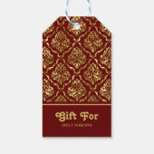 Goud bloemendamast patroon op donkerrood cadeaulabel (Achterkant)