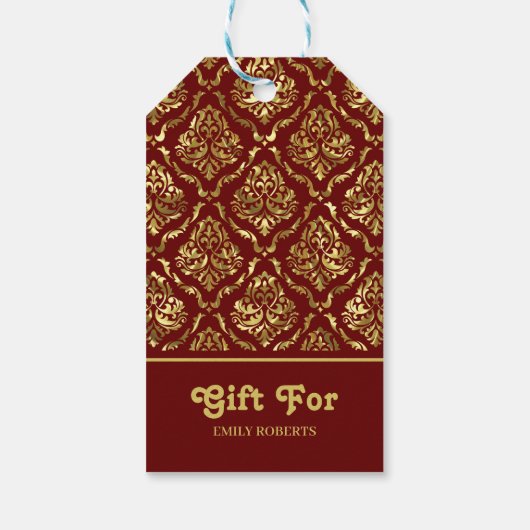 Goud bloemendamast patroon op donkerrood cadeaulabel (Achterkant)