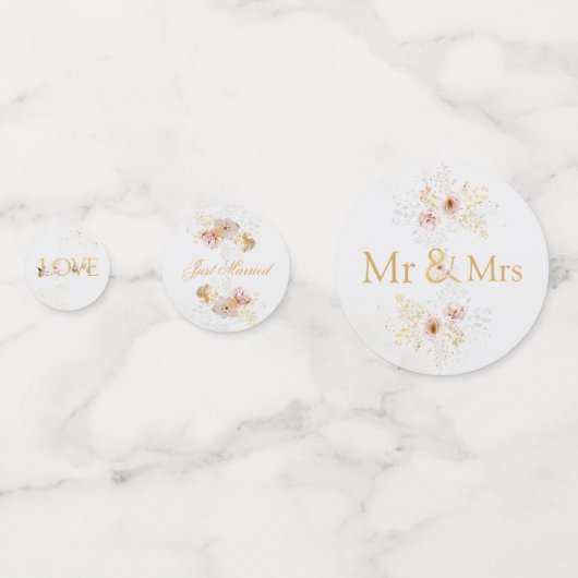 Goud & Blush Pioen Bloemen Bruiloft Confetti (Voorkanten)