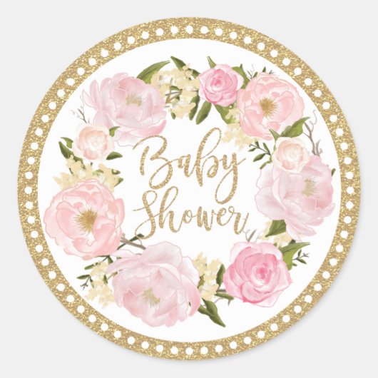 Goud Blush Roze Bloemen Baby shower Favor Sticker (Voorkant)