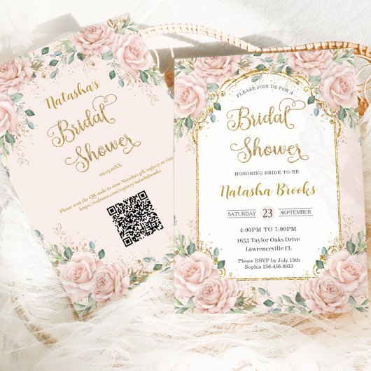  Goud Blush Roze Bloemen Vrijgezellenfeest QR Kaart