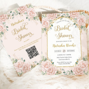  Goud Blush Roze Bloemen Vrijgezellenfeest QR Kaart
