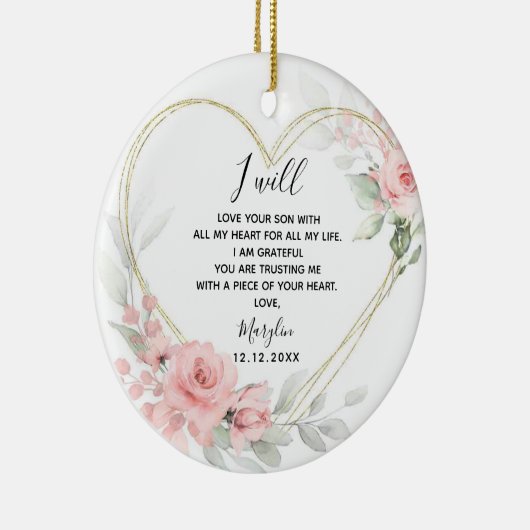 Goud Blush Roze Bloemenhart Moeder van de bruidego Keramisch Ornament (Rechts)