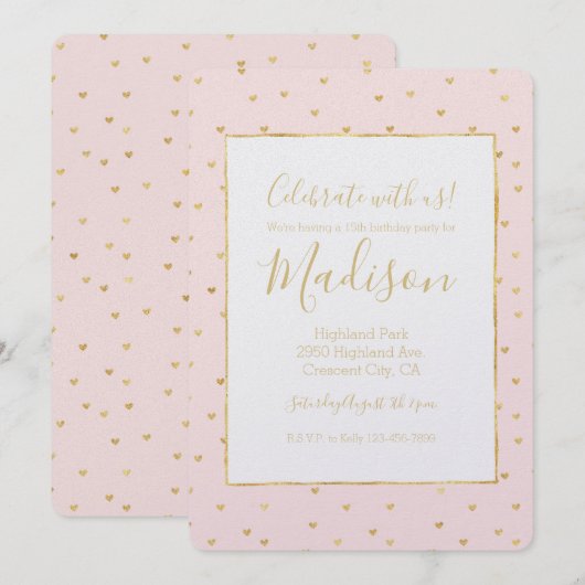 Goud Blush Roze Kleine Harten Verjaardag Kaart (Voorkant / Achterkant)