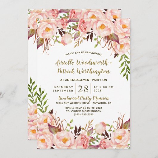 Goud Blush Roze Pioen Verlovingsfeest Uitnodiginge Kaart (Voorkant / Achterkant)